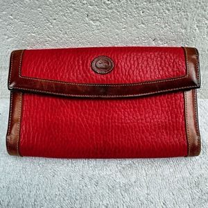 Dooney & Bourke Red Leather Clutch with Brown Trim and Logo